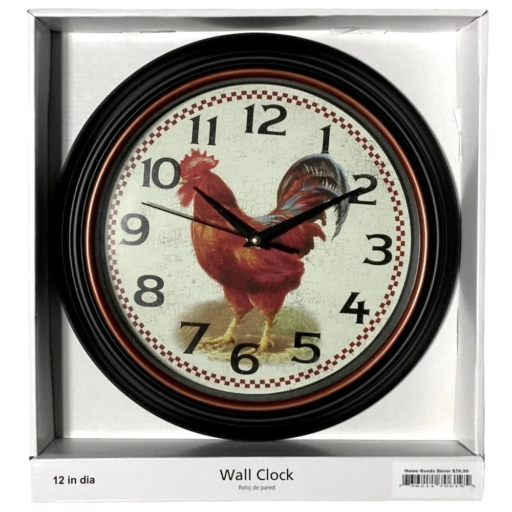 Clock Farmhouse Rooster Quartz Analog Primitive Wall Hanging 12 in Round Black